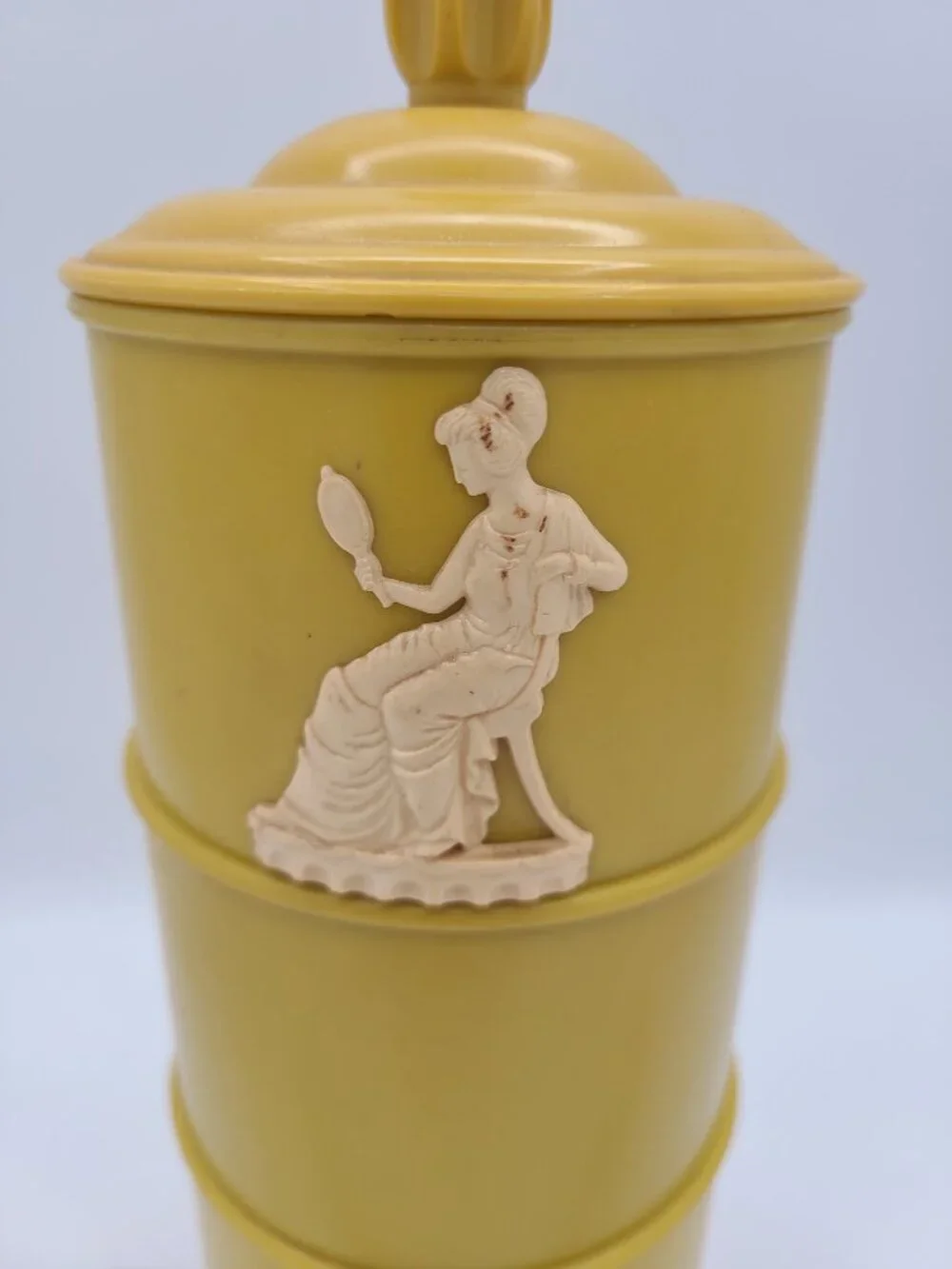 Vintage 3 Tier Yellow Powder Box Celluloid Wedgwood Jasperware Style Victorian